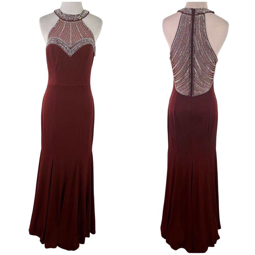 TLC Say Yes To The Prom Maroon Halter Bling Rhinestone Dress Size 5